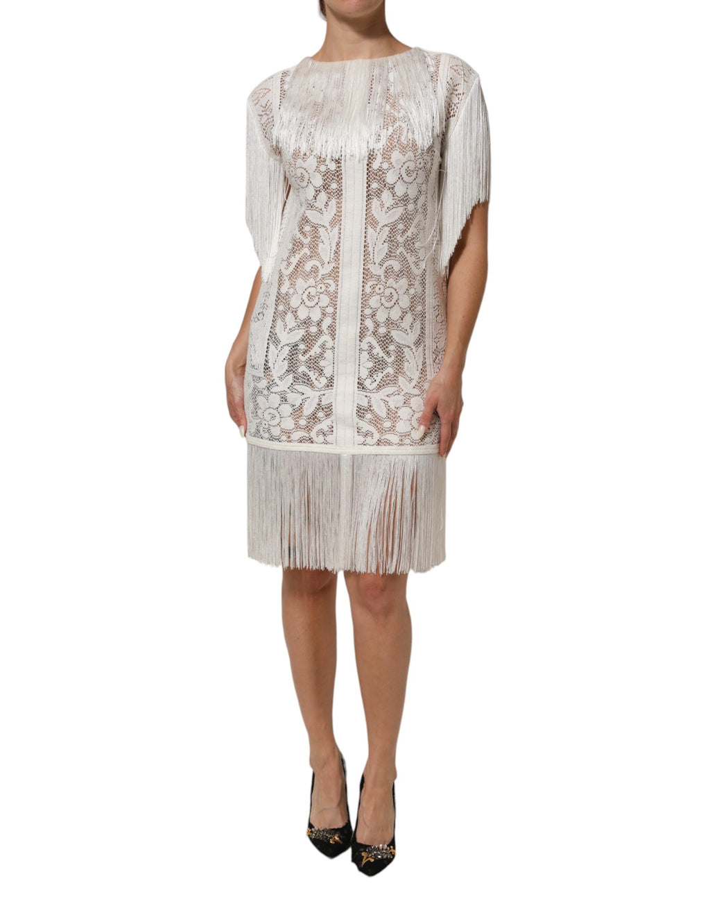 Dolce & Gabbana Weißes knielanges Kleid aus floraler Spitze mit Fransen