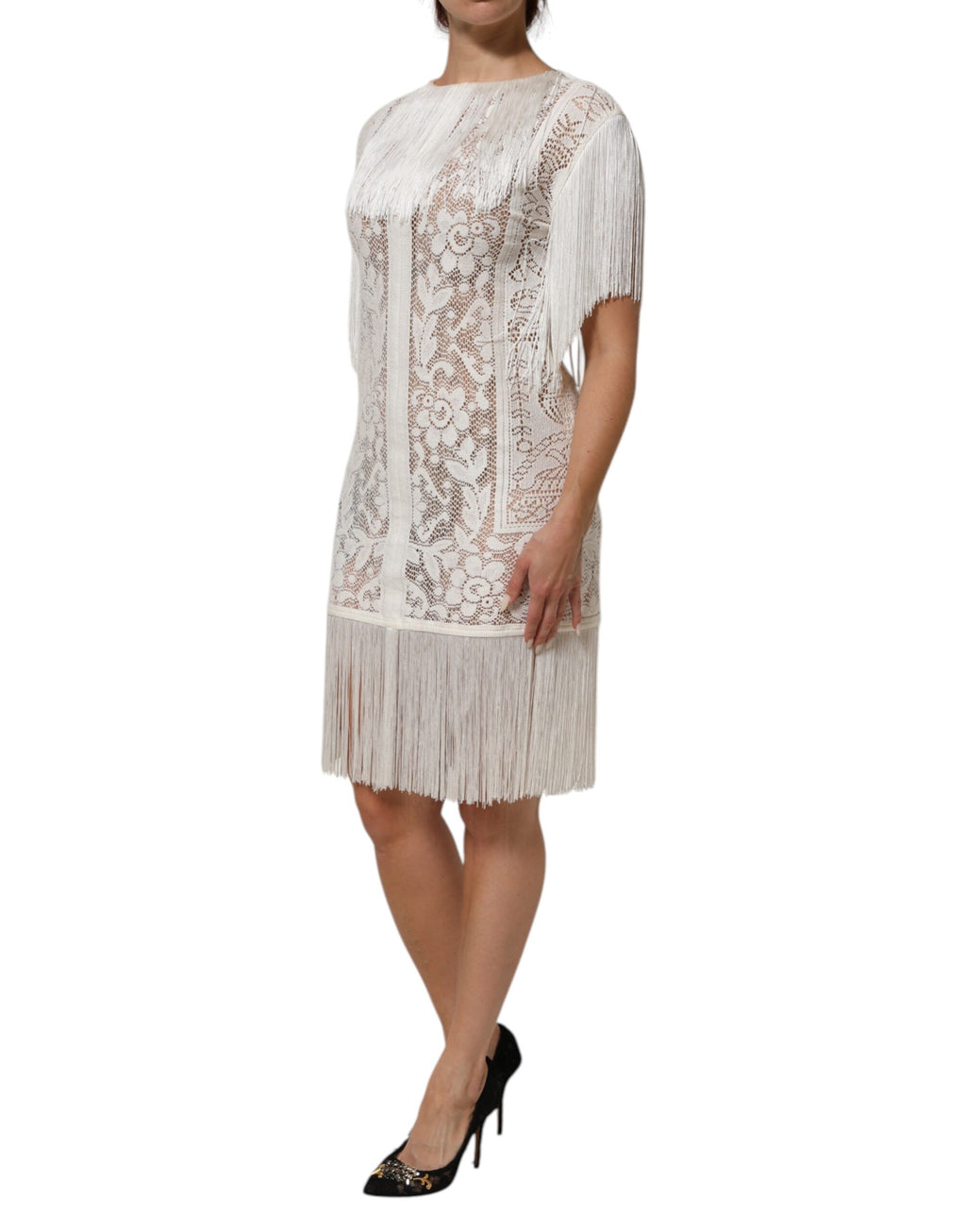 Dolce & Gabbana Weißes knielanges Kleid aus floraler Spitze mit Fransen