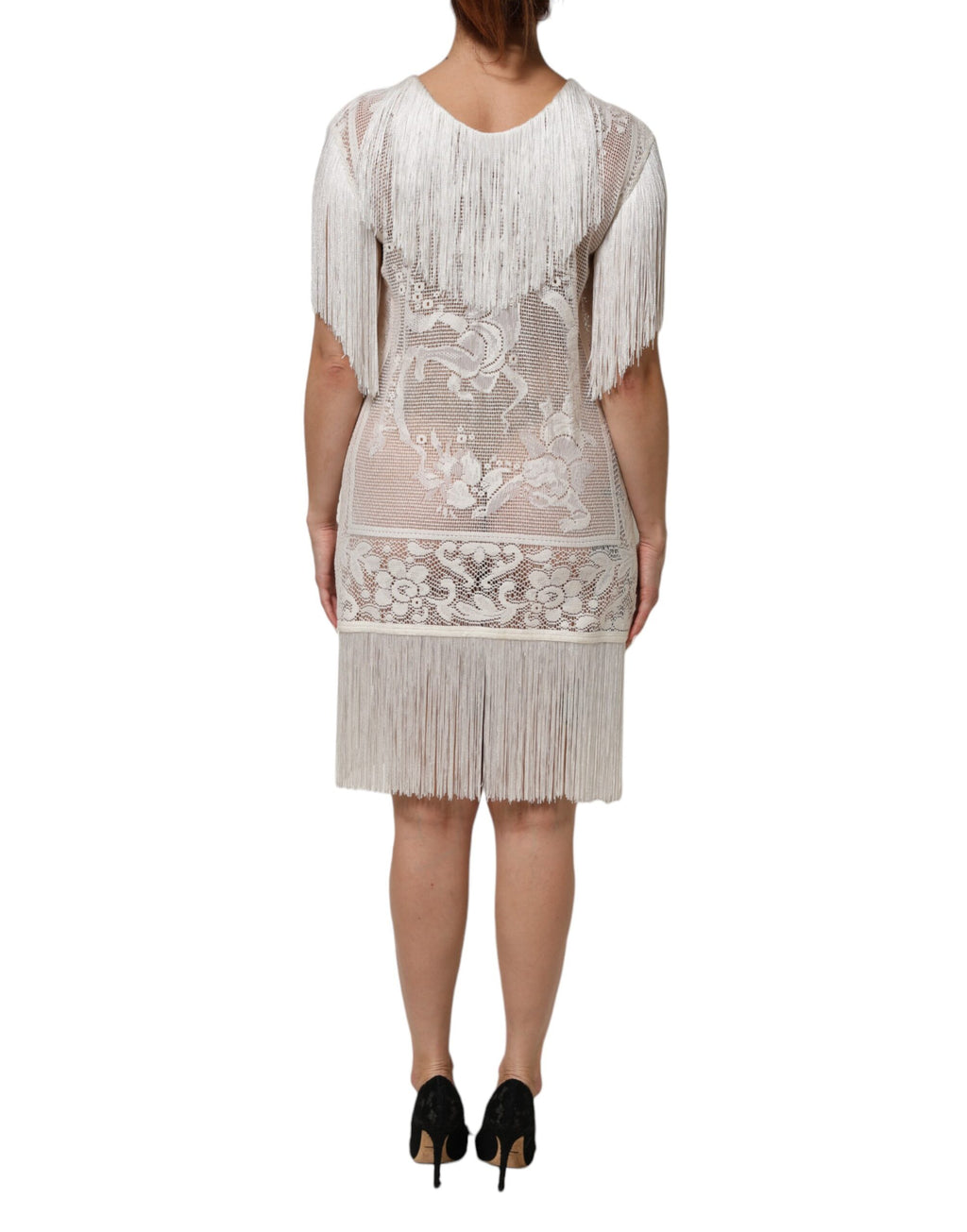 Dolce & Gabbana Weißes knielanges Kleid aus floraler Spitze mit Fransen