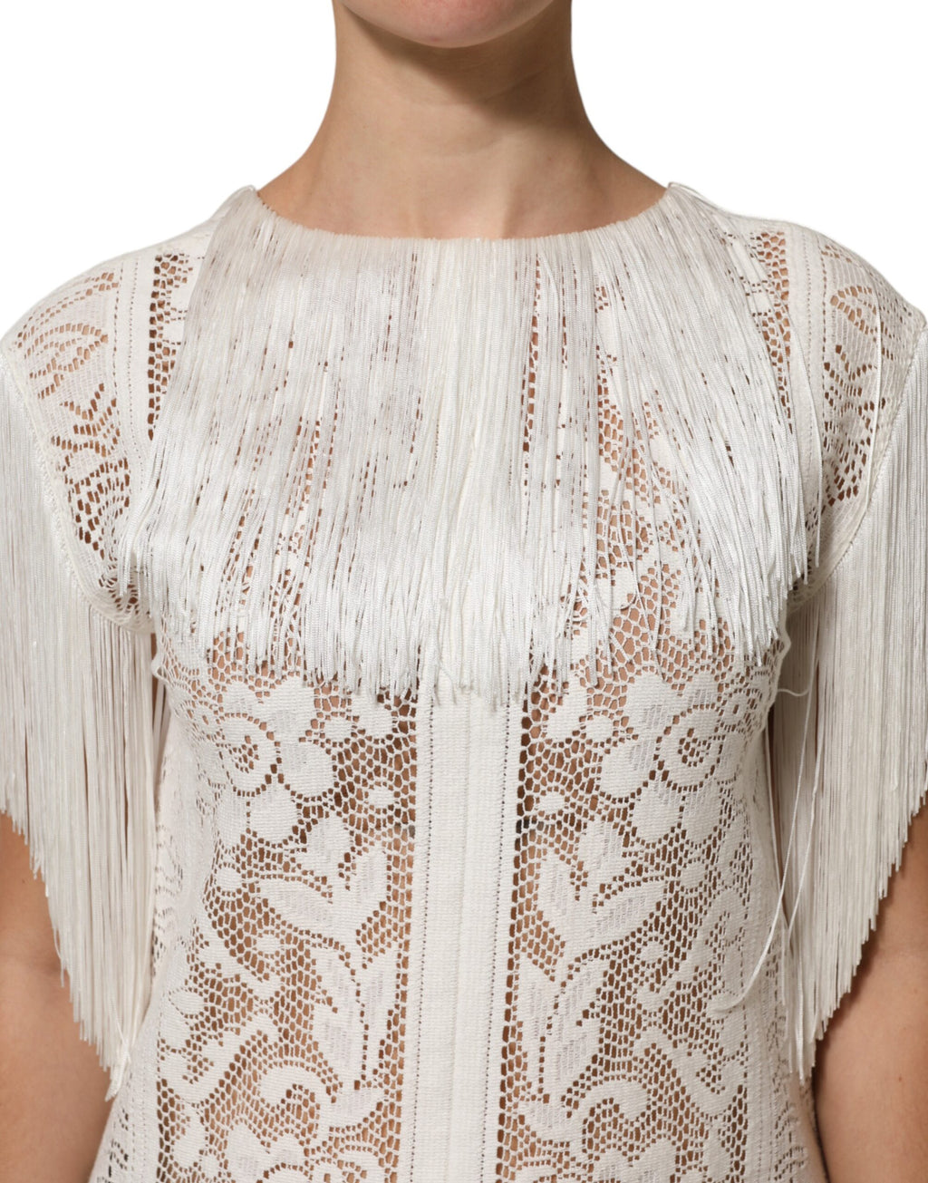 Dolce & Gabbana Weißes knielanges Kleid aus floraler Spitze mit Fransen