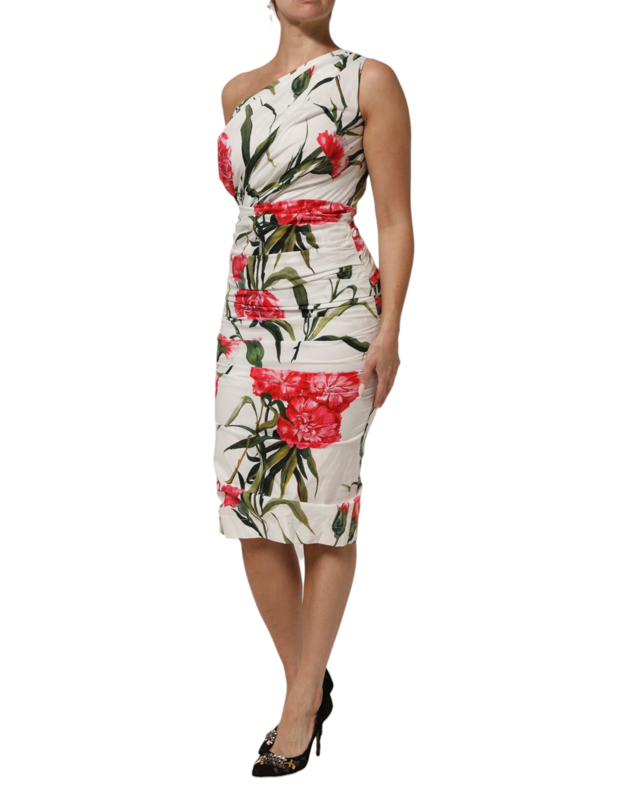 Dolce & Gabbana White Floral One-Shoulder Sheath Dress