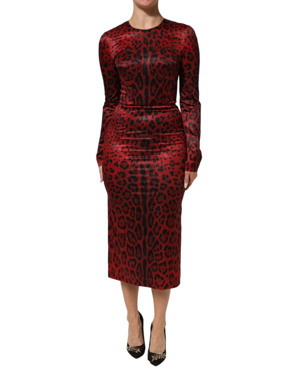 Dolce & Gabbana Red Leopard Long Sleeve Sheath Dress
