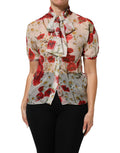 Dolce & Gabbana White Floral Blouse Top with Tie Neck and Poppy Print