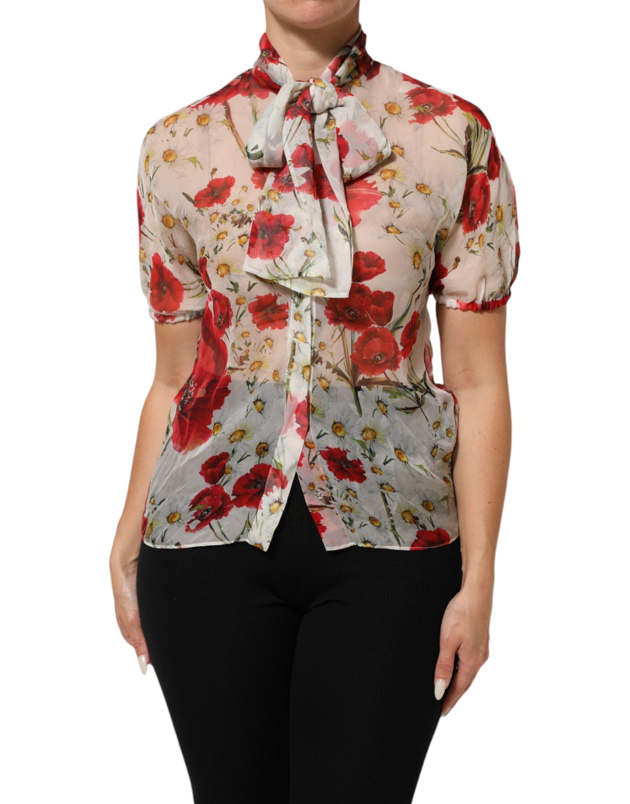 Dolce & Gabbana White Floral Blouse Top with Tie Neck and Poppy Print
