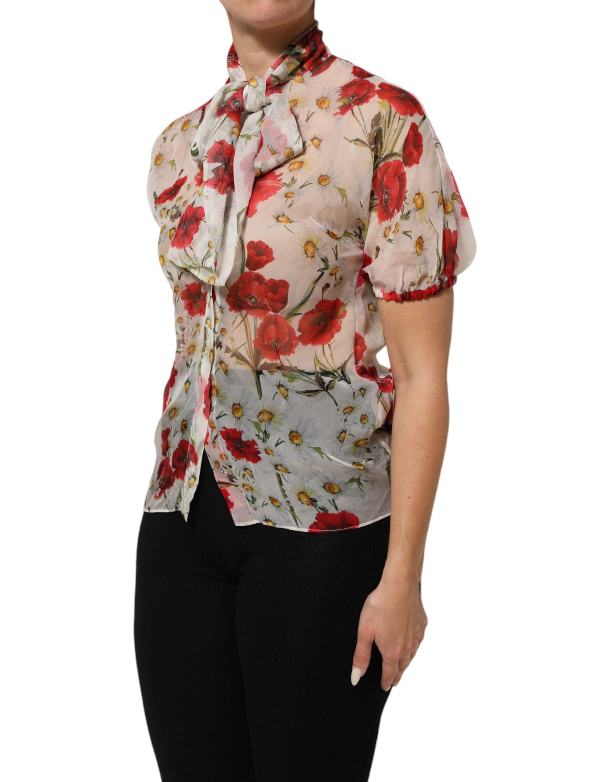 Dolce & Gabbana White Floral Blouse Top with Tie Neck and Poppy Print