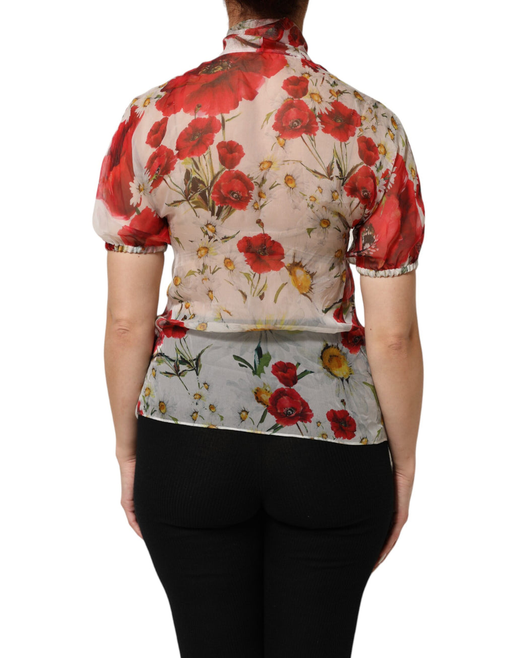 Dolce & Gabbana White Floral Blouse Top with Tie Neck and Poppy Print