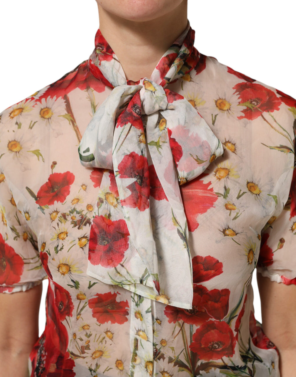 Dolce & Gabbana White Floral Blouse Top with Tie Neck and Poppy Print