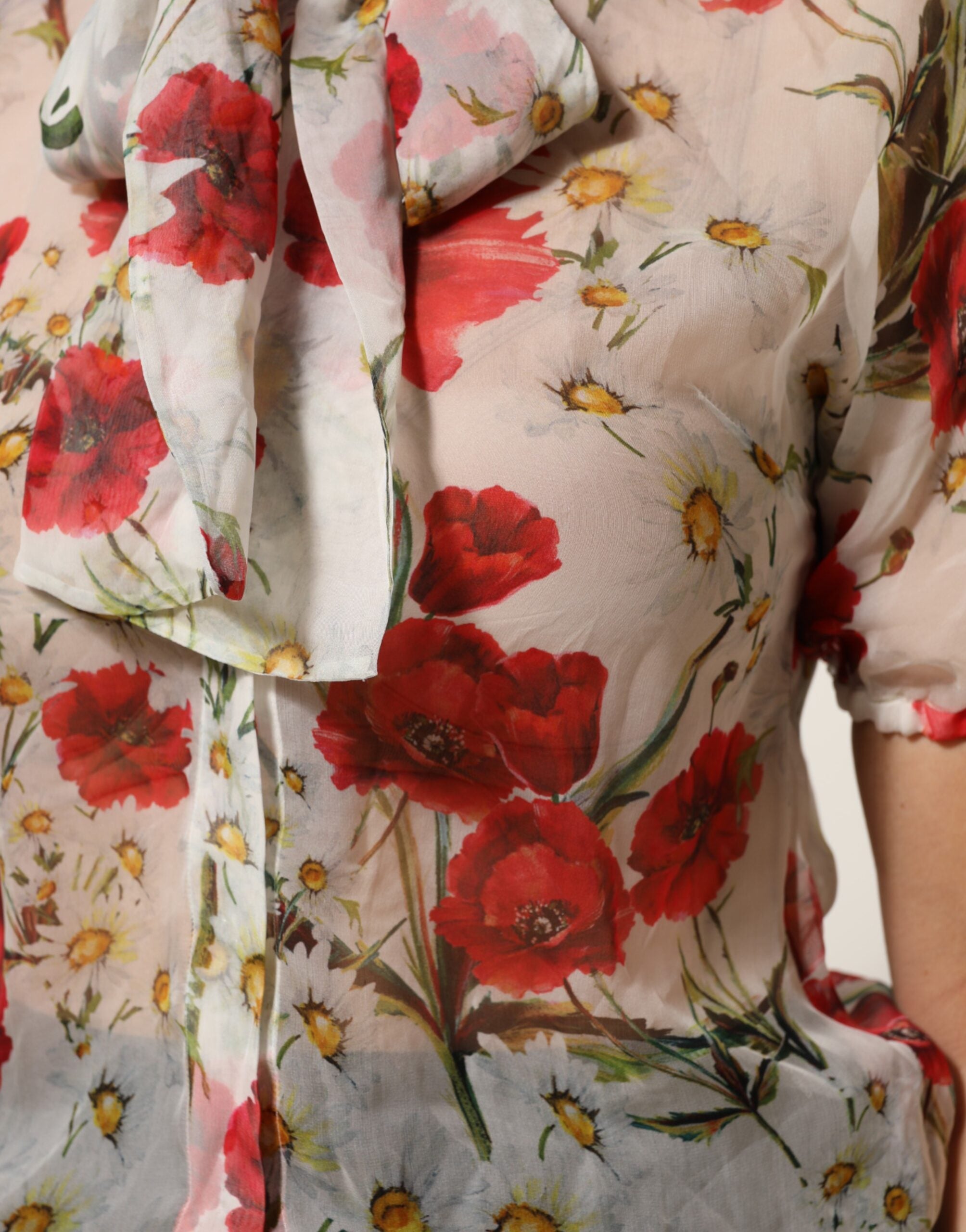 Dolce & Gabbana White Floral Blouse Top with Tie Neck and Poppy Print