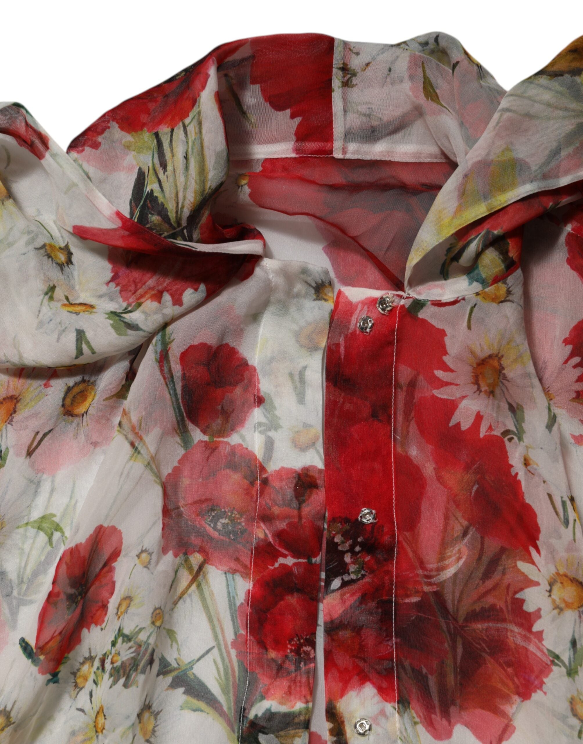Dolce & Gabbana White Floral Blouse Top with Tie Neck and Poppy Print