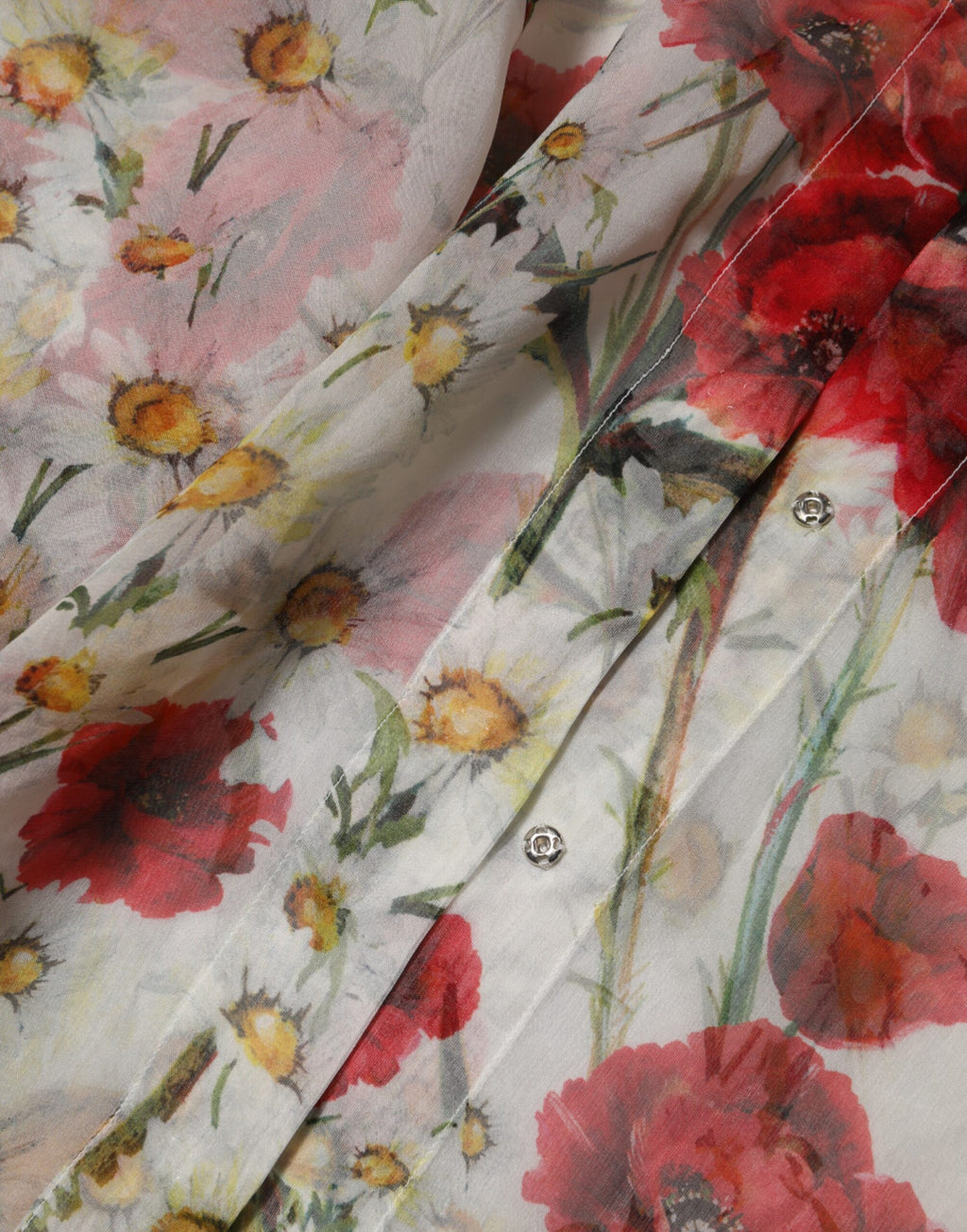 Dolce & Gabbana White Floral Blouse Top with Tie Neck and Poppy Print