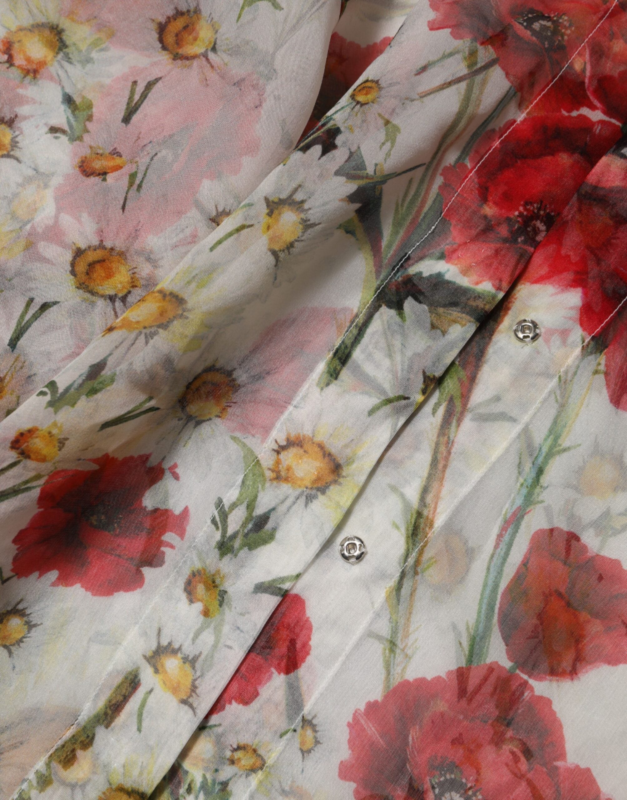 Dolce & Gabbana White Floral Blouse Top with Tie Neck and Poppy Print