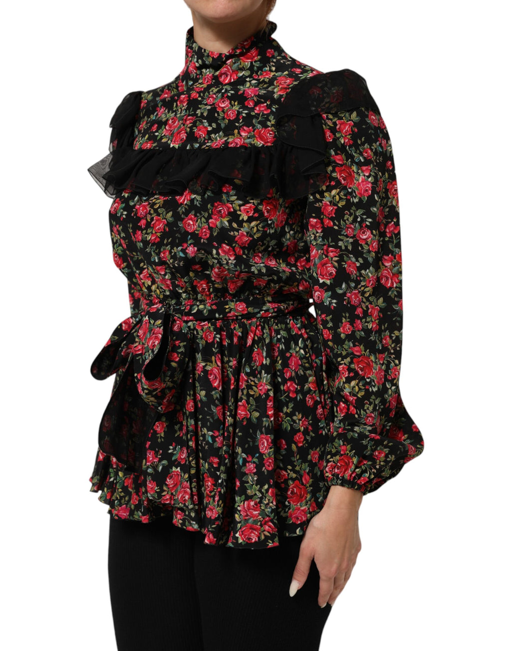 Dolce & Gabbana Black Floral Print Long-Sleeve Blouse Top