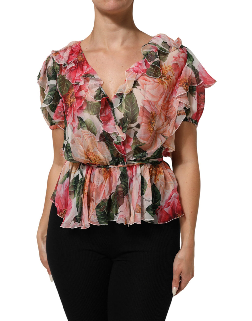Dolce & Gabbana Rosa Kamelien bedrucktes Seidenblusentop mit V-Ausschnitt