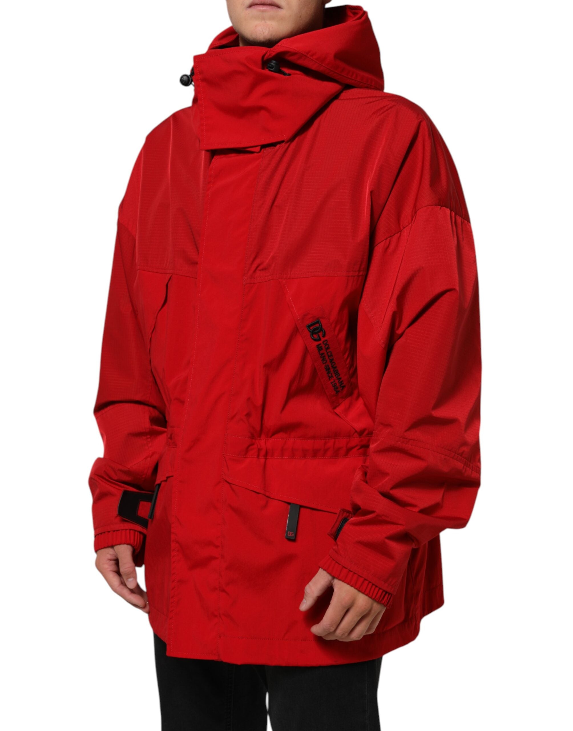 Dolce & Gabbana Rote Nylon Kapuzen-Parka-Jacke für Männer mit Reißverschluss