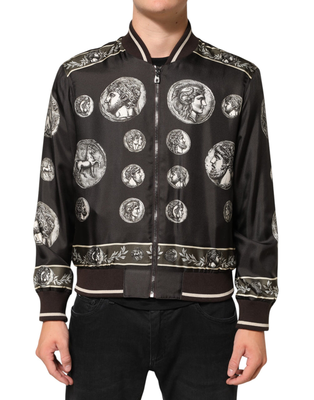 Dolce & Gabbana Black "Monete" Silk Bomber Jacket with Coin Print