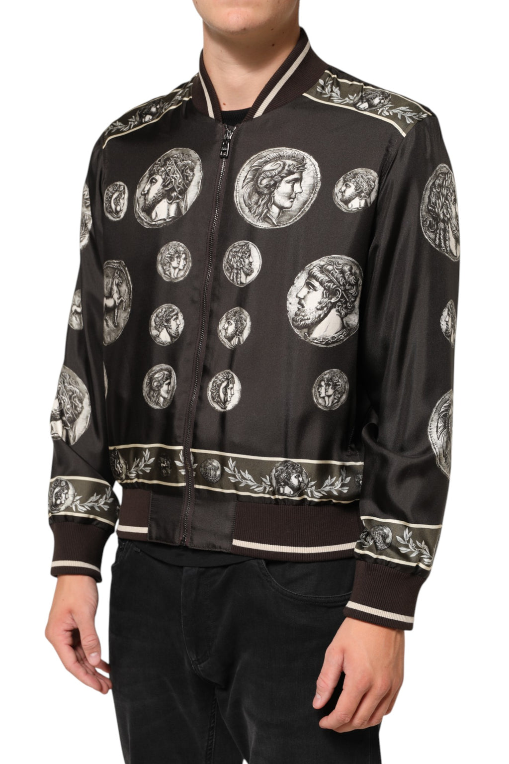 Dolce & Gabbana Black "Monete" Silk Bomber Jacket with Coin Print