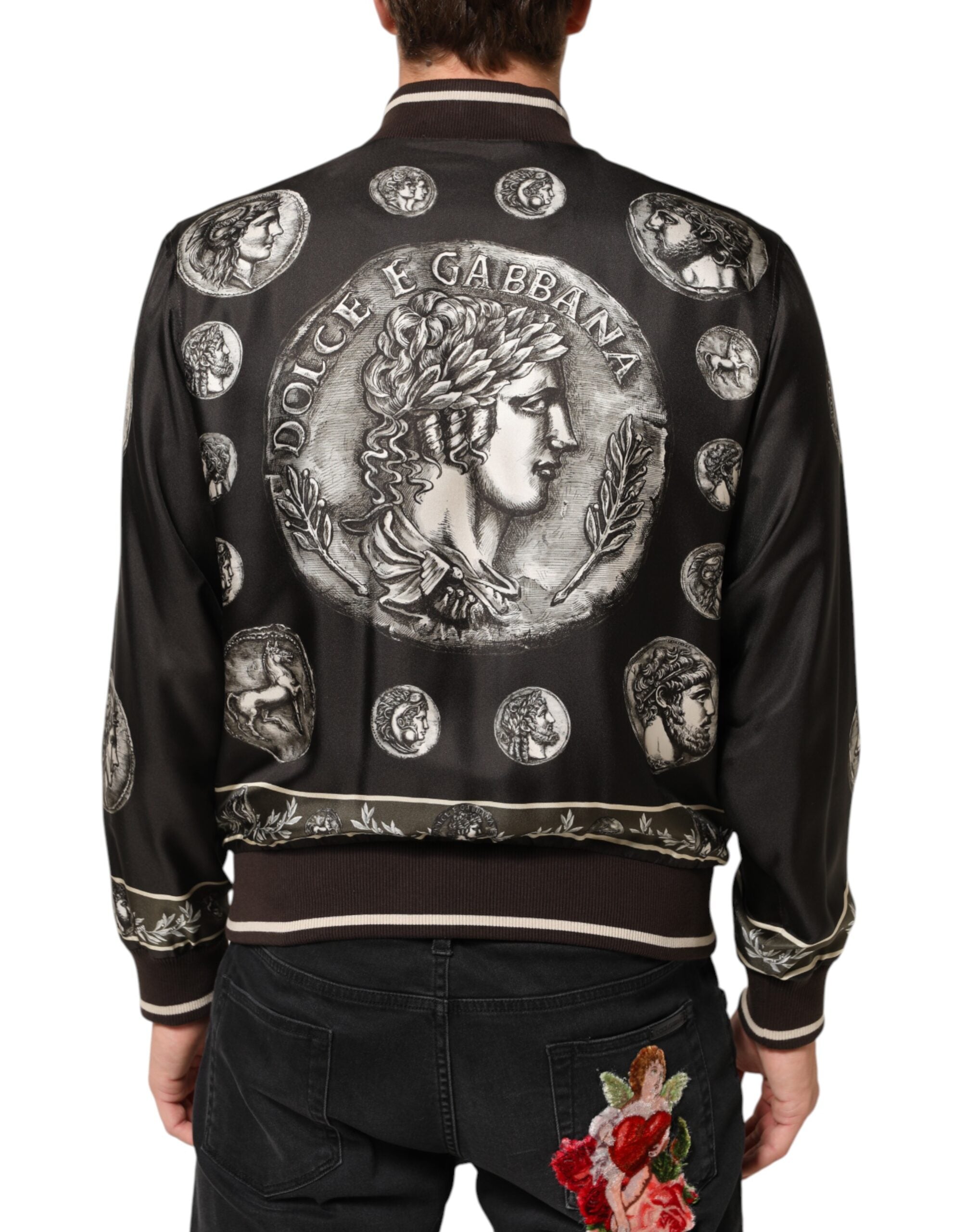 Dolce & Gabbana Black "Monete" Silk Bomber Jacket with Coin Print