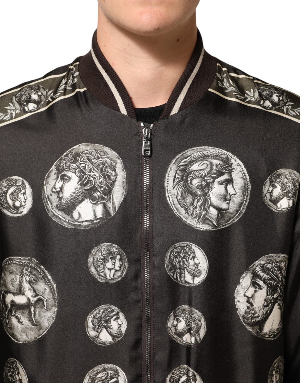 Dolce & Gabbana Black "Monete" Silk Bomber Jacket with Coin Print