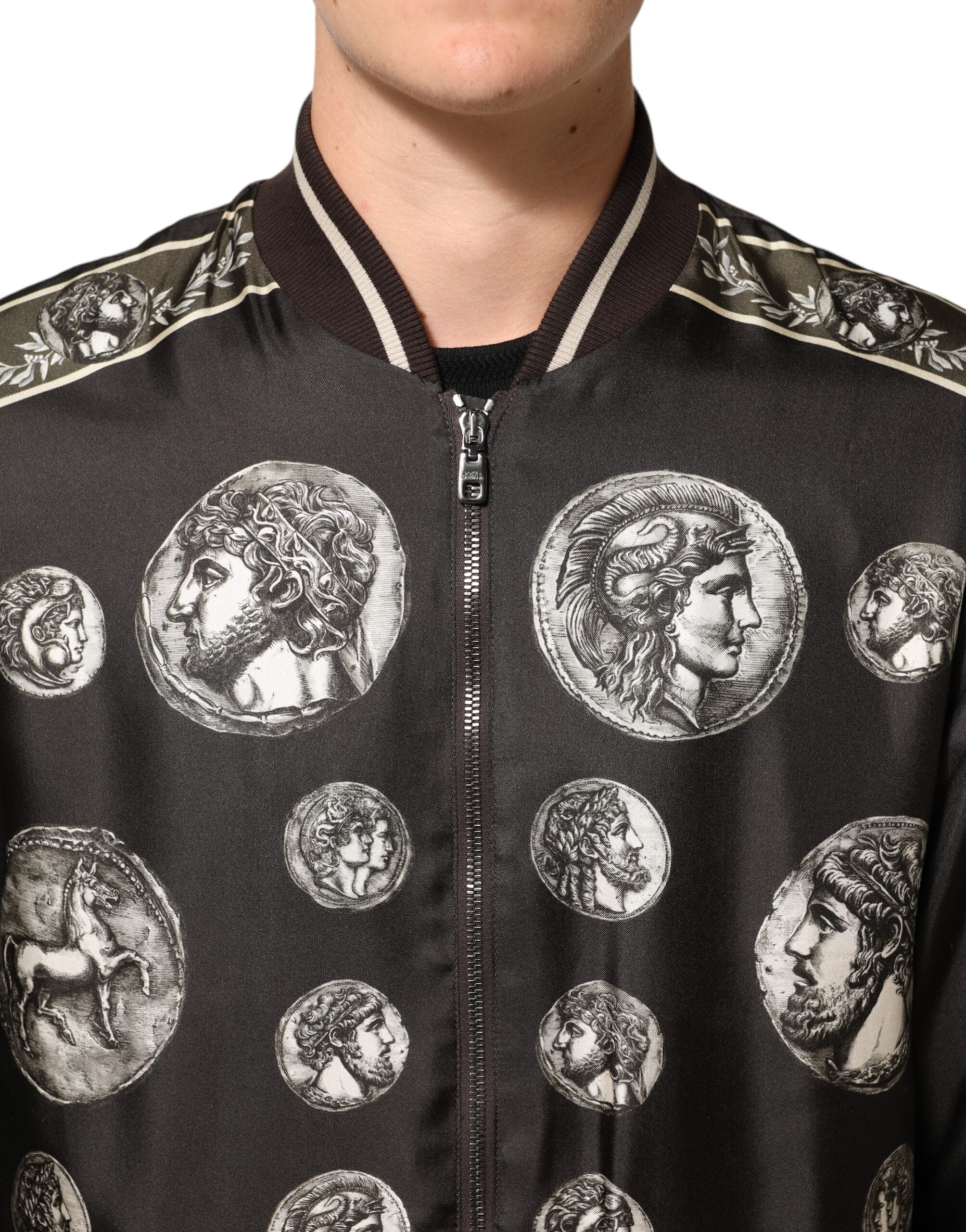 Dolce & Gabbana Black "Monete" Silk Bomber Jacket with Coin Print