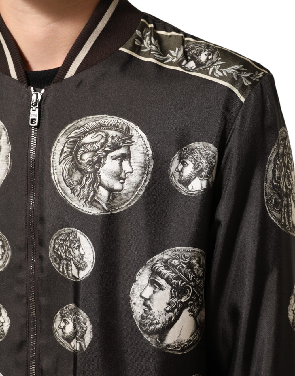 Dolce & Gabbana Black "Monete" Silk Bomber Jacket with Coin Print