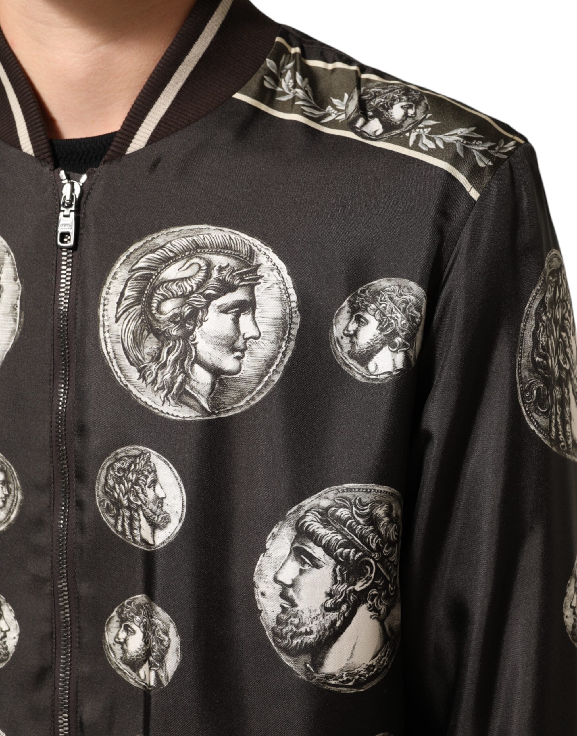Dolce & Gabbana Black "Monete" Silk Bomber Jacket with Coin Print