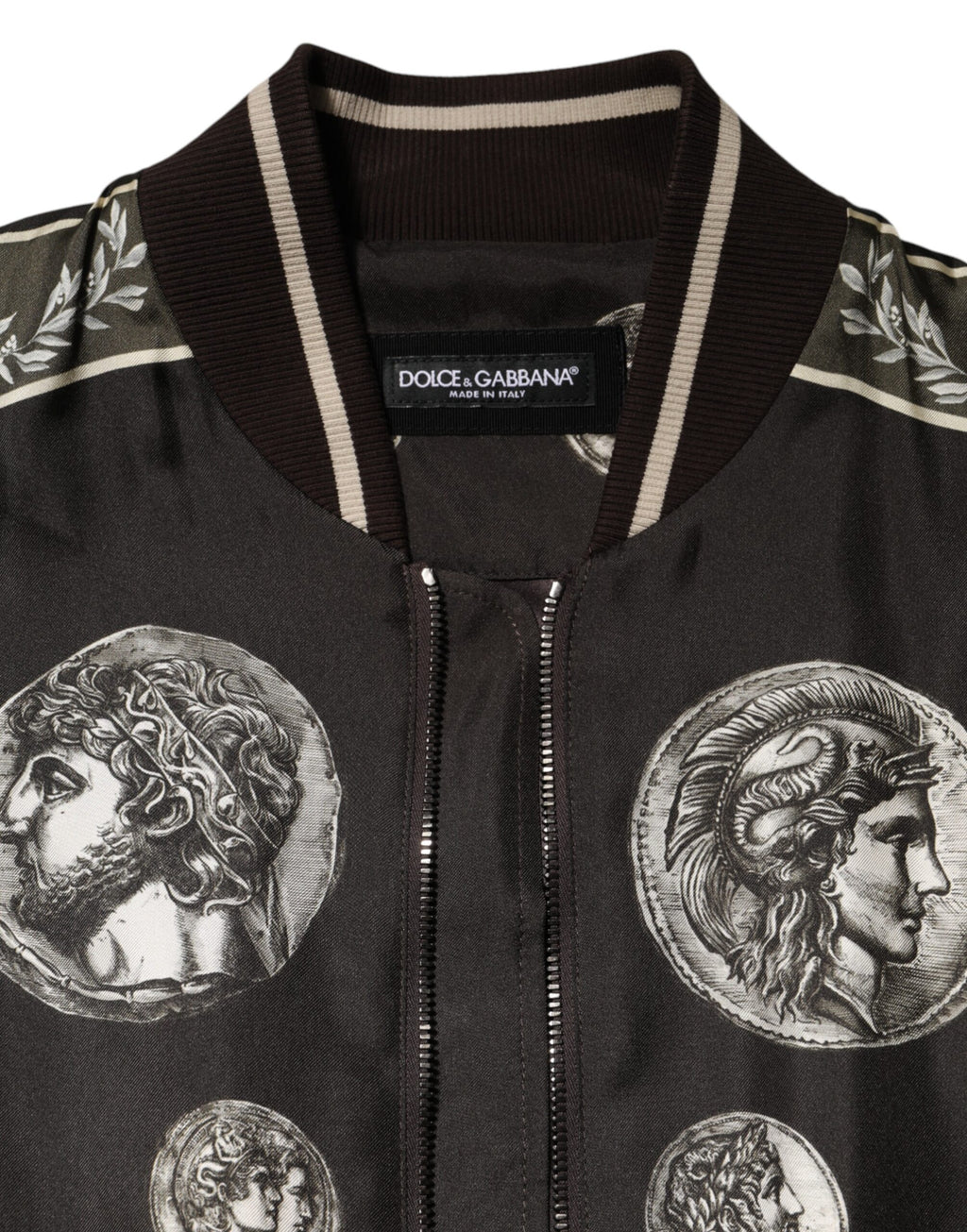 Dolce & Gabbana Black "Monete" Silk Bomber Jacket with Coin Print