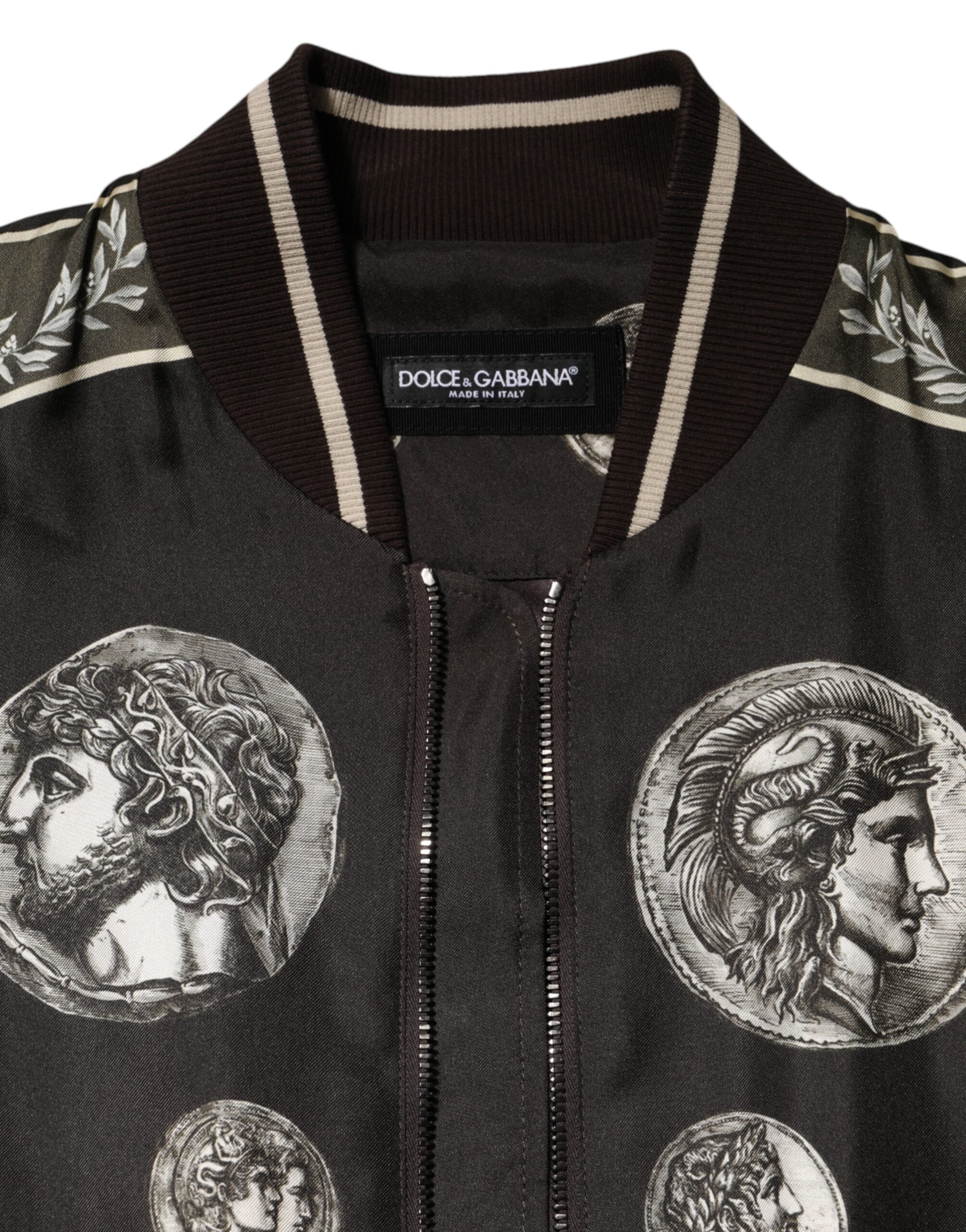 Dolce & Gabbana Black "Monete" Silk Bomber Jacket with Coin Print