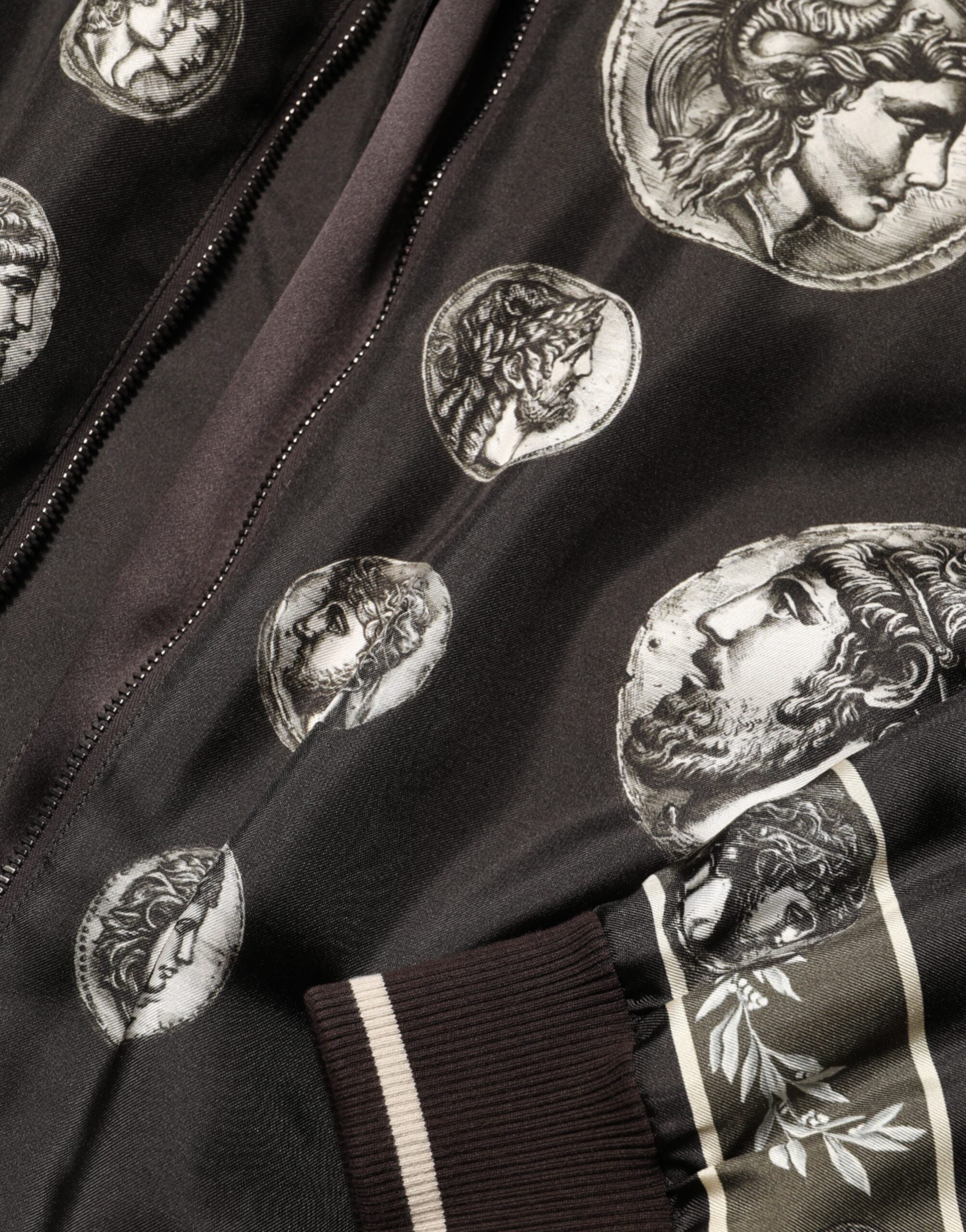 Dolce & Gabbana Black "Monete" Silk Bomber Jacket with Coin Print
