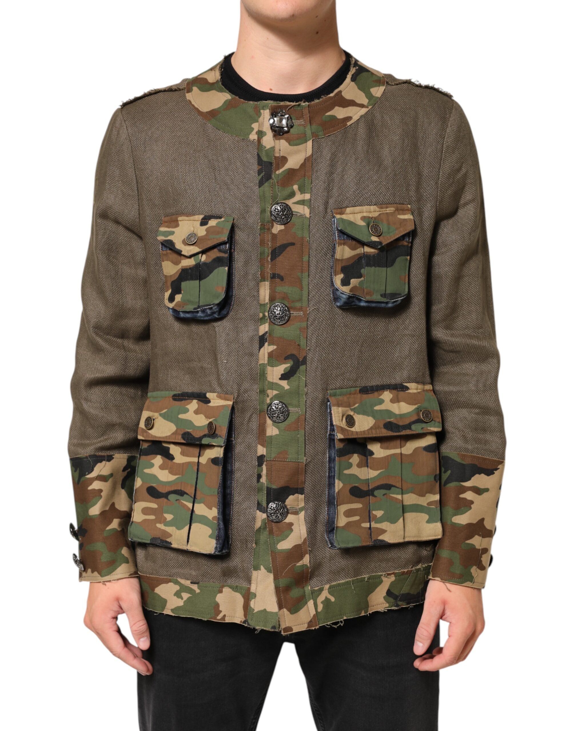 Dolce & Gabbana Brown Camouflage Linen Jacket with Button Placket