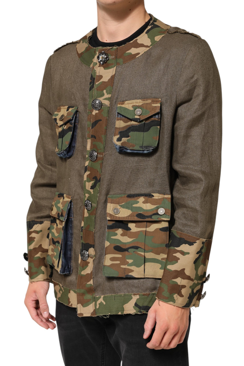 Dolce & Gabbana Brown Camouflage Linen Jacket with Button Placket