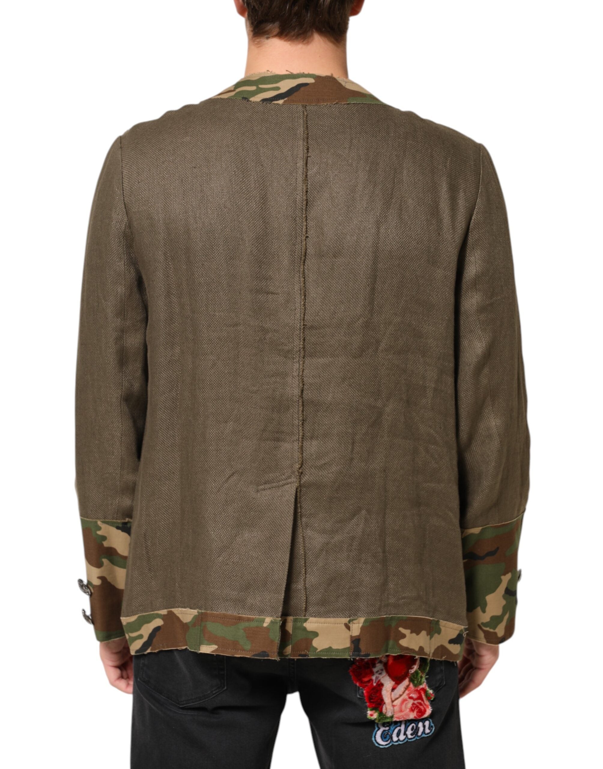 Dolce & Gabbana Brown Camouflage Linen Jacket with Button Placket
