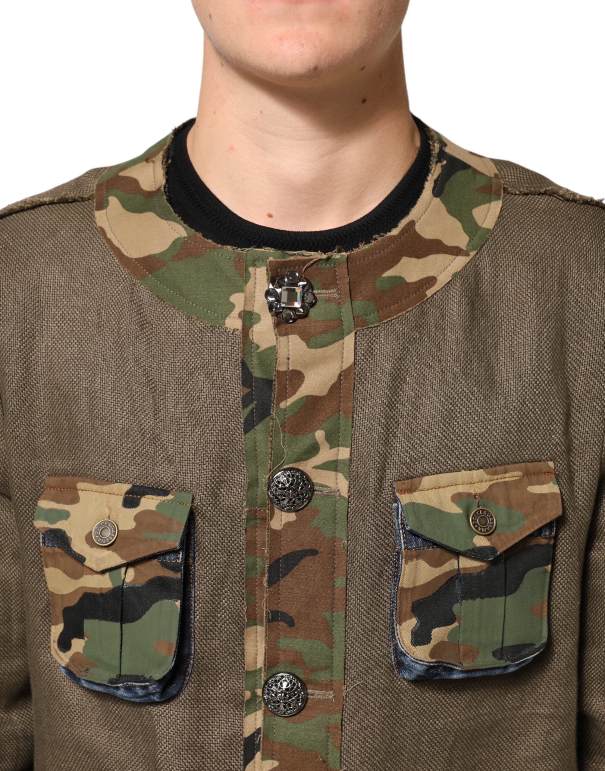 Dolce & Gabbana Brown Camouflage Linen Jacket with Button Placket
