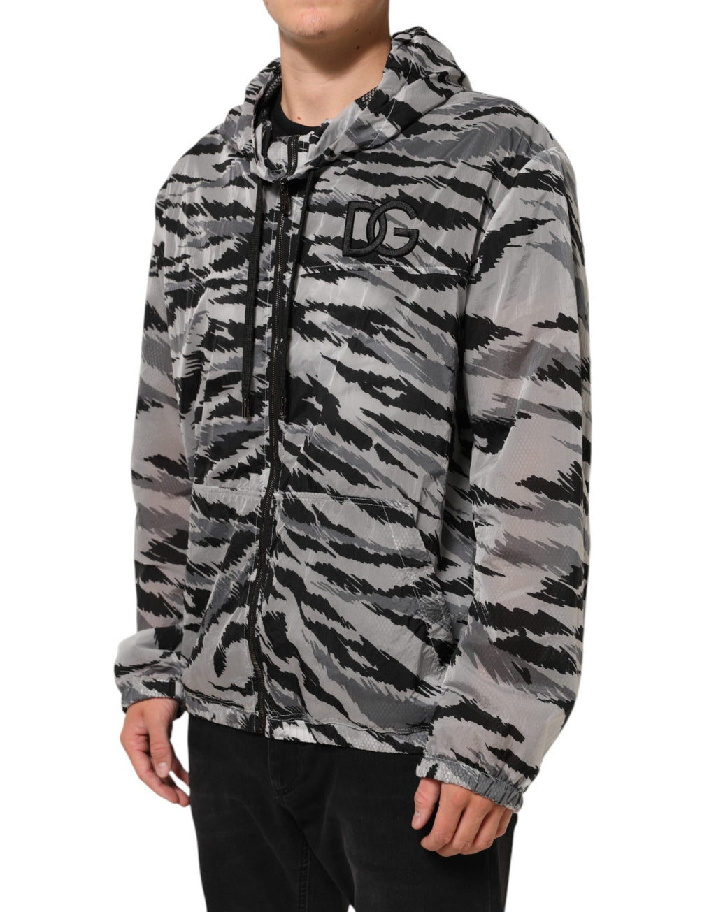 Dolce & Gabbana Graue Sweatshirt-Jacke mit Tarnmuster und Kapuze
