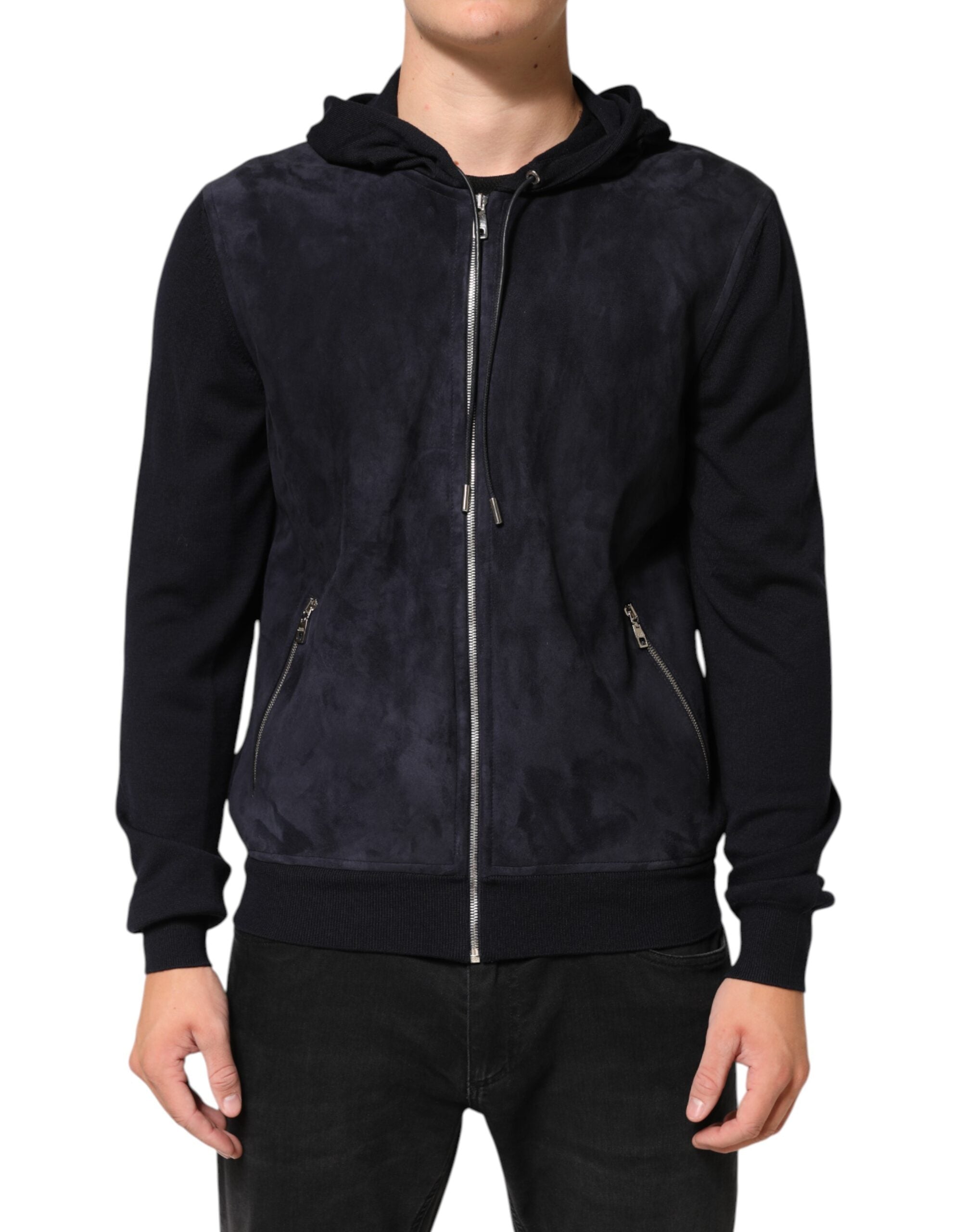 Dolce & Gabbana Schwarze Leder-Blousonjacke mit Kapuze und Reißverschluss
