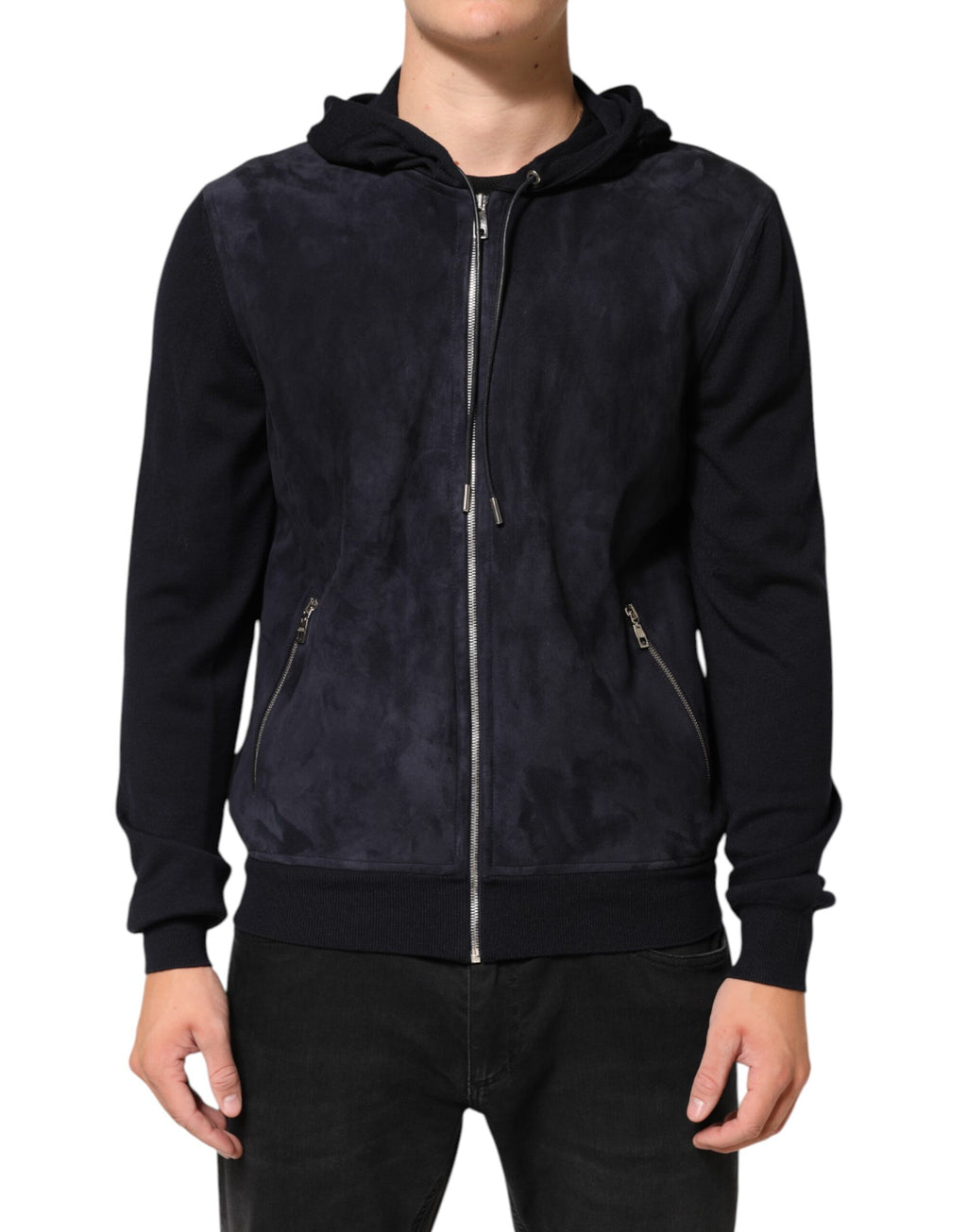Dolce & Gabbana Schwarze Leder-Blousonjacke mit Kapuze und Reißverschluss