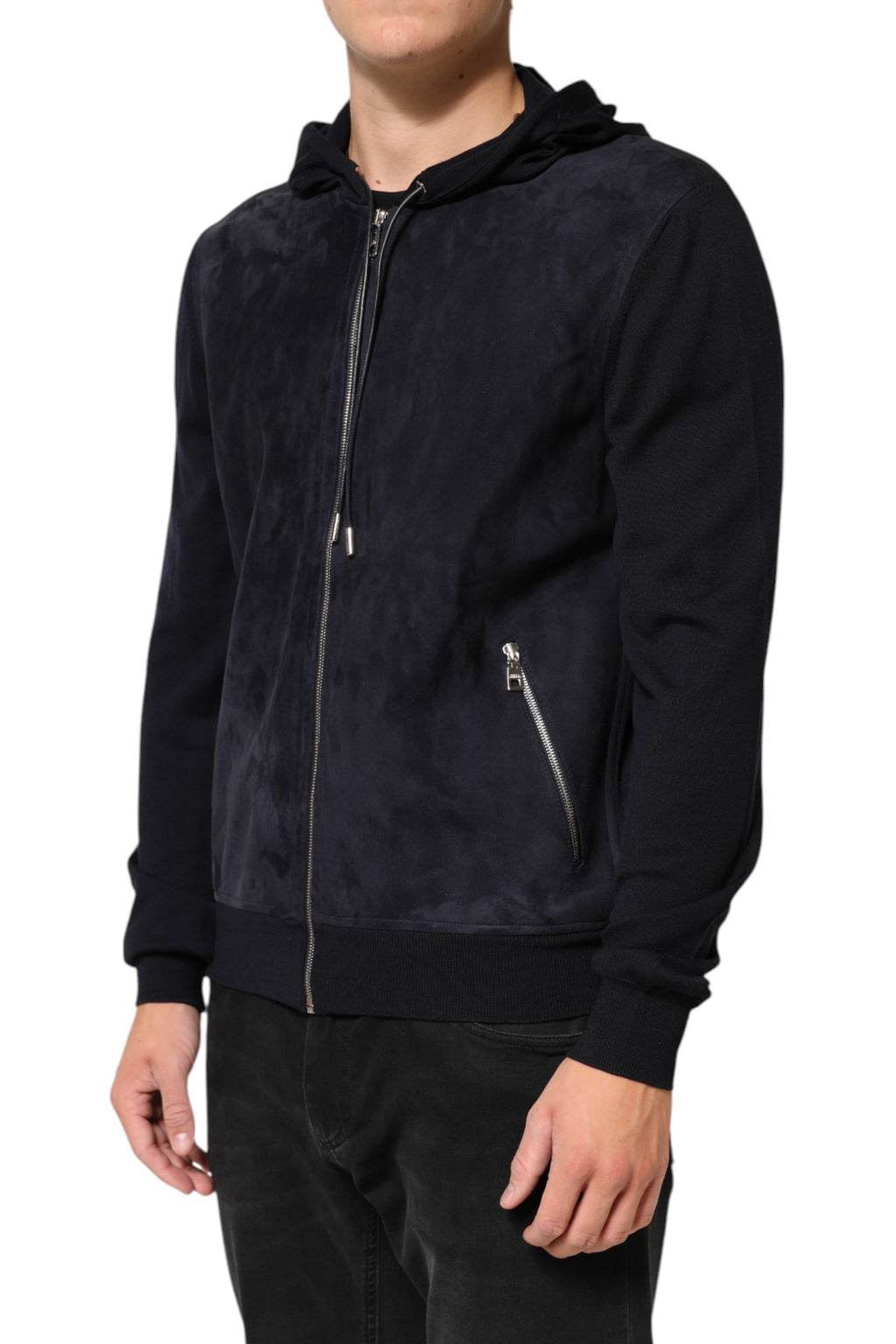 Dolce & Gabbana Schwarze Leder-Blousonjacke mit Kapuze und Reißverschluss