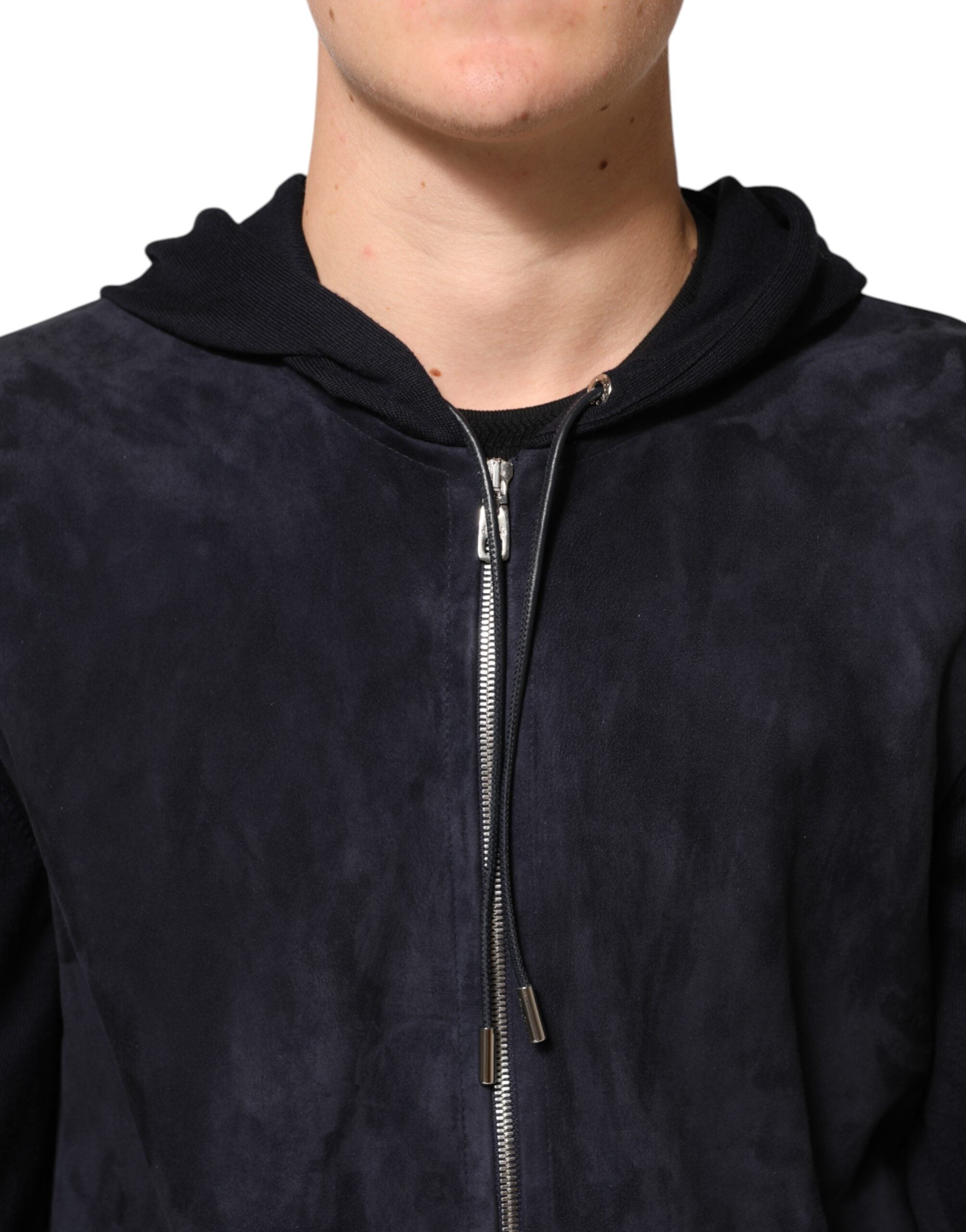 Dolce & Gabbana Schwarze Leder-Blousonjacke mit Kapuze und Reißverschluss