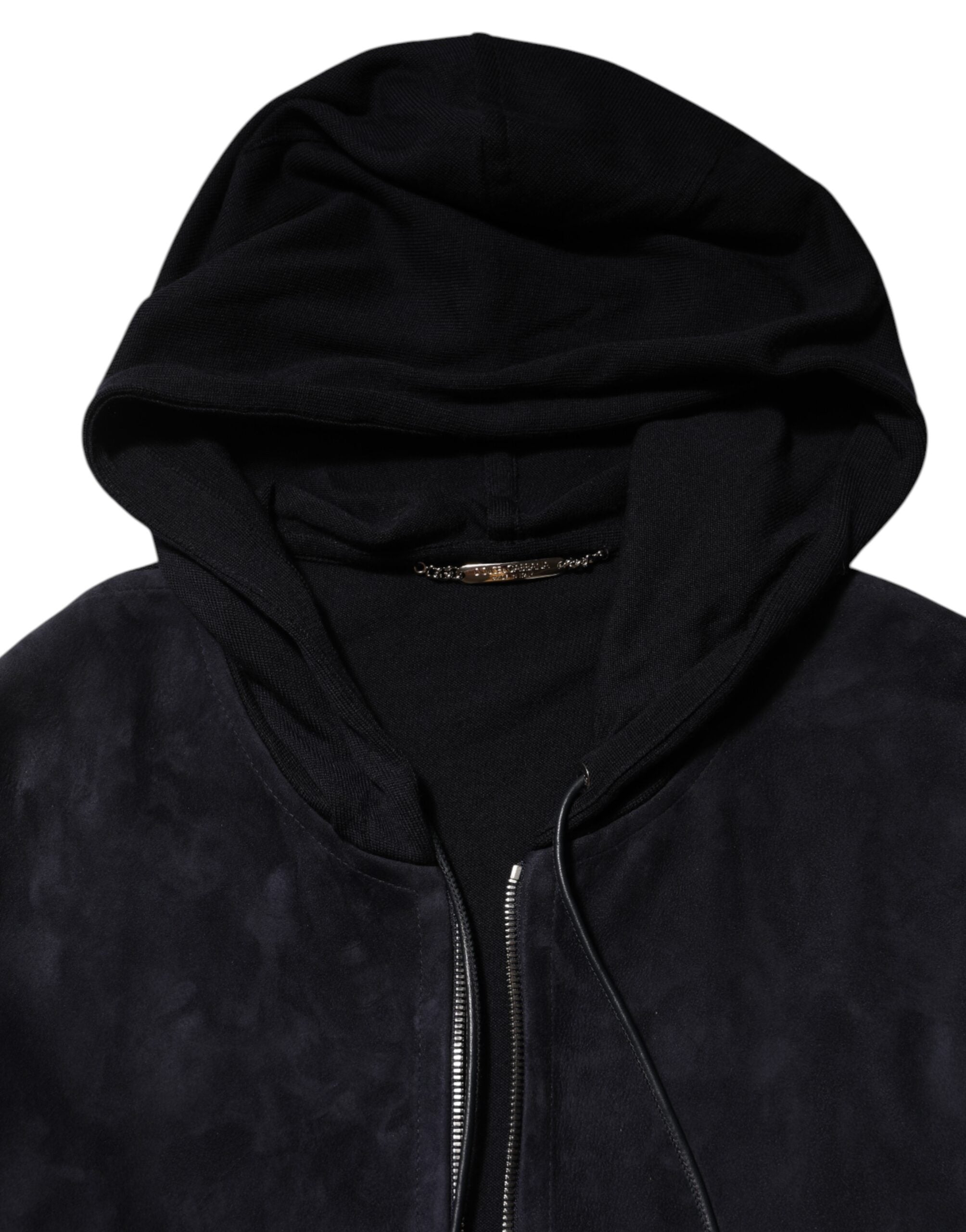 Dolce & Gabbana Schwarze Leder-Blousonjacke mit Kapuze und Reißverschluss