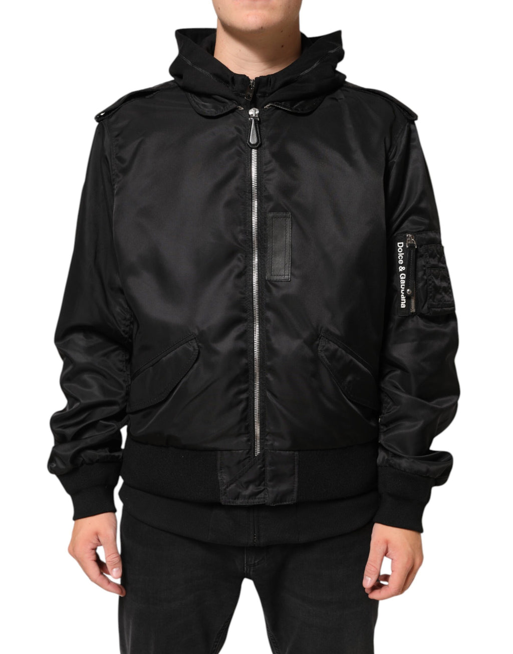 Dolce & Gabbana Schwarze Bomberjacke aus Baumwolle mit Kapuze und Reißverschluss
