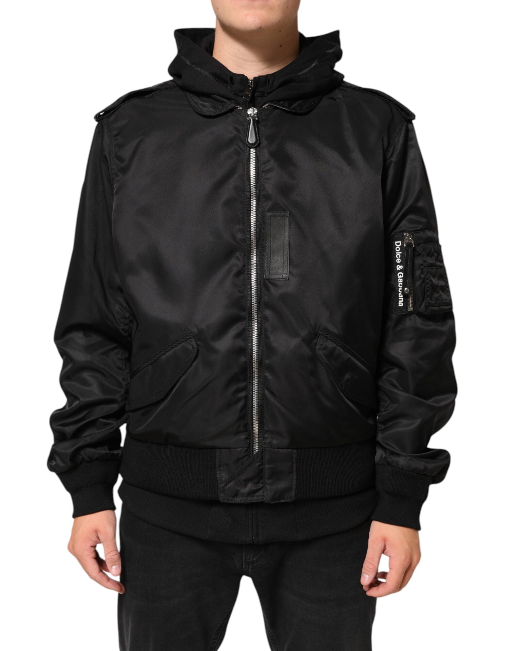 Dolce & Gabbana Schwarze Bomberjacke aus Baumwolle mit Kapuze und Reißverschluss
