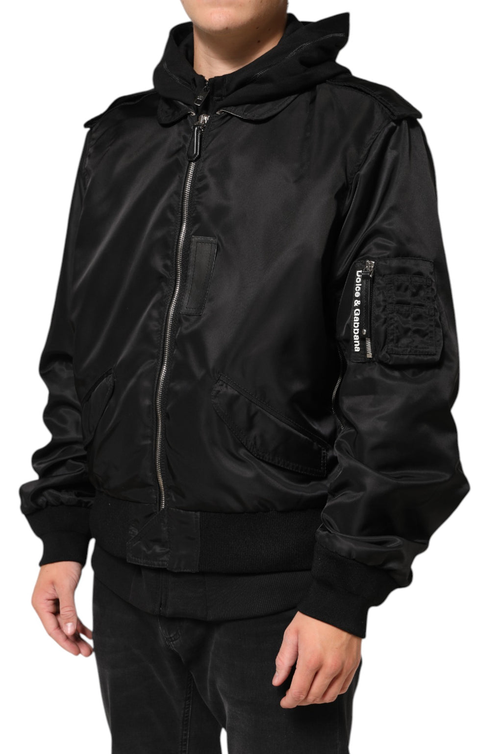 Dolce & Gabbana Schwarze Bomberjacke aus Baumwolle mit Kapuze und Reißverschluss
