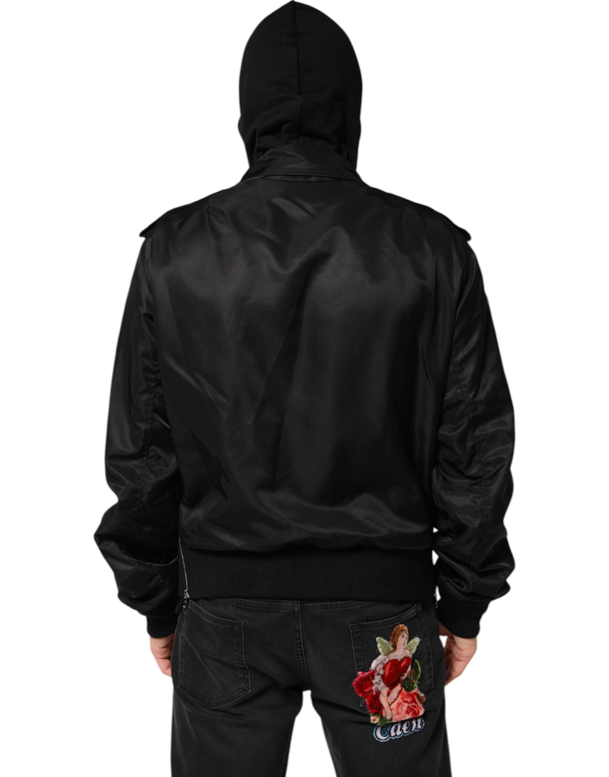 Dolce & Gabbana Schwarze Bomberjacke aus Baumwolle mit Kapuze und Reißverschluss