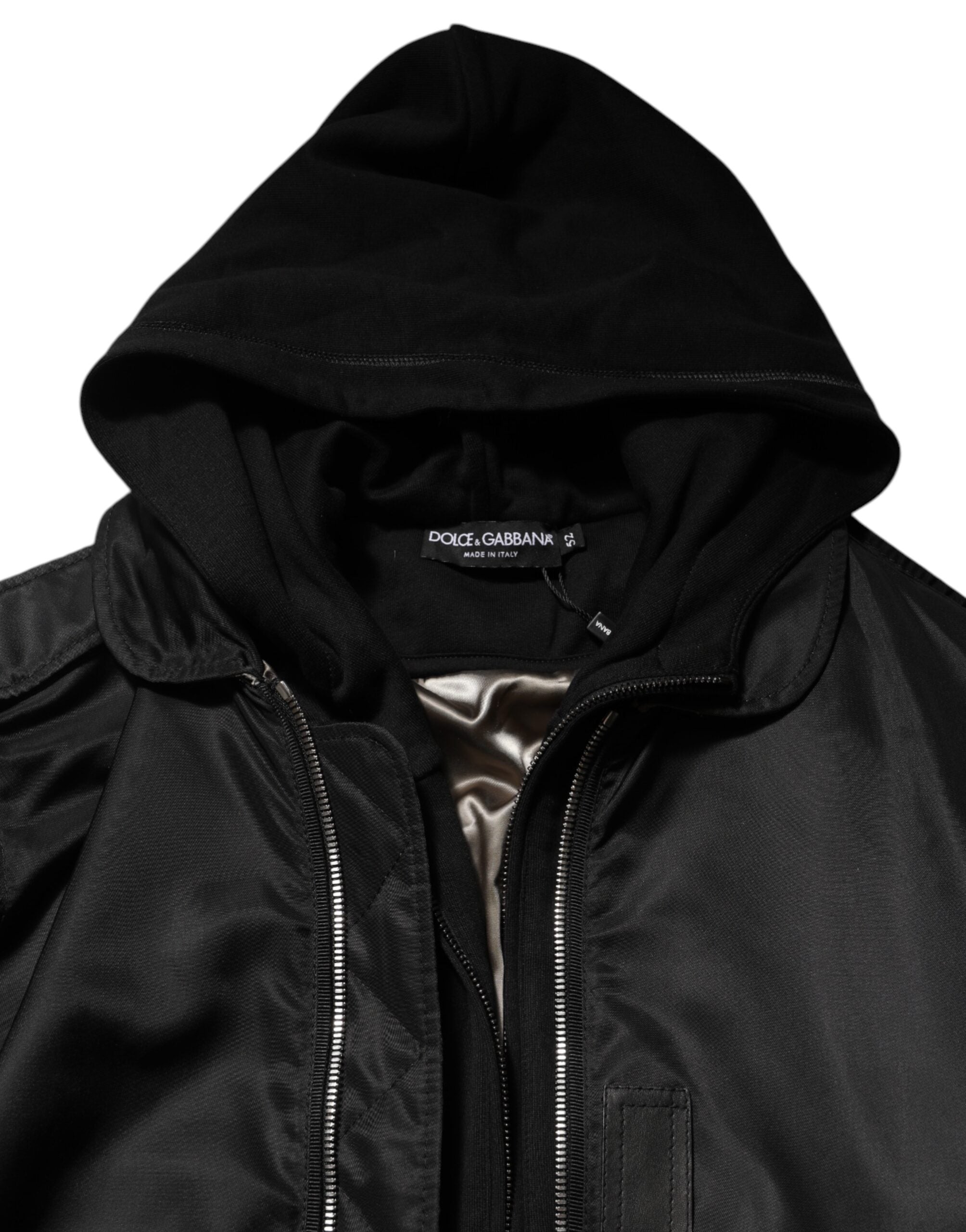 Dolce & Gabbana Schwarze Bomberjacke aus Baumwolle mit Kapuze und Reißverschluss