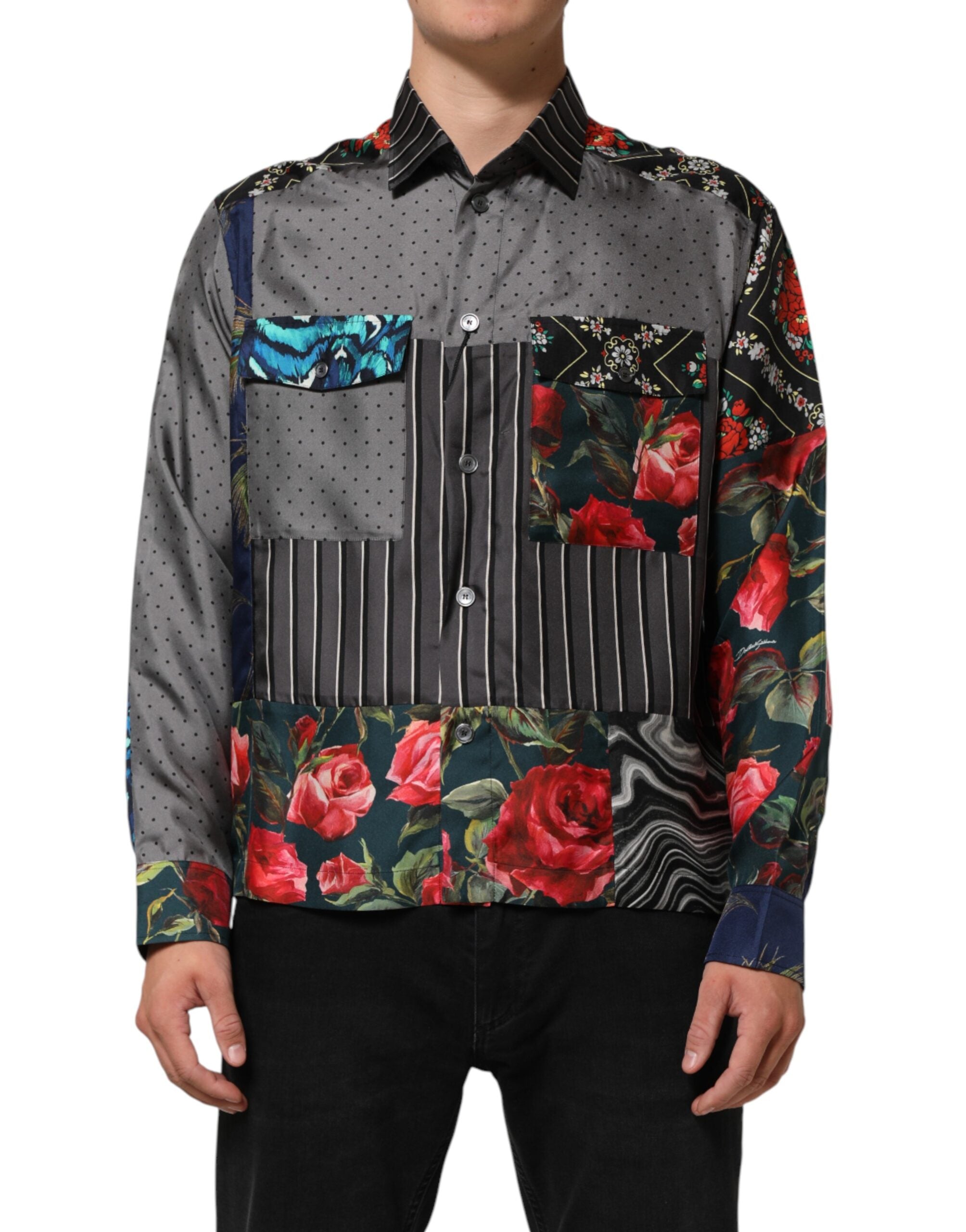 Dolce & Gabbana Multicolor Patchwork Silk Long-Sleeve Shirt
