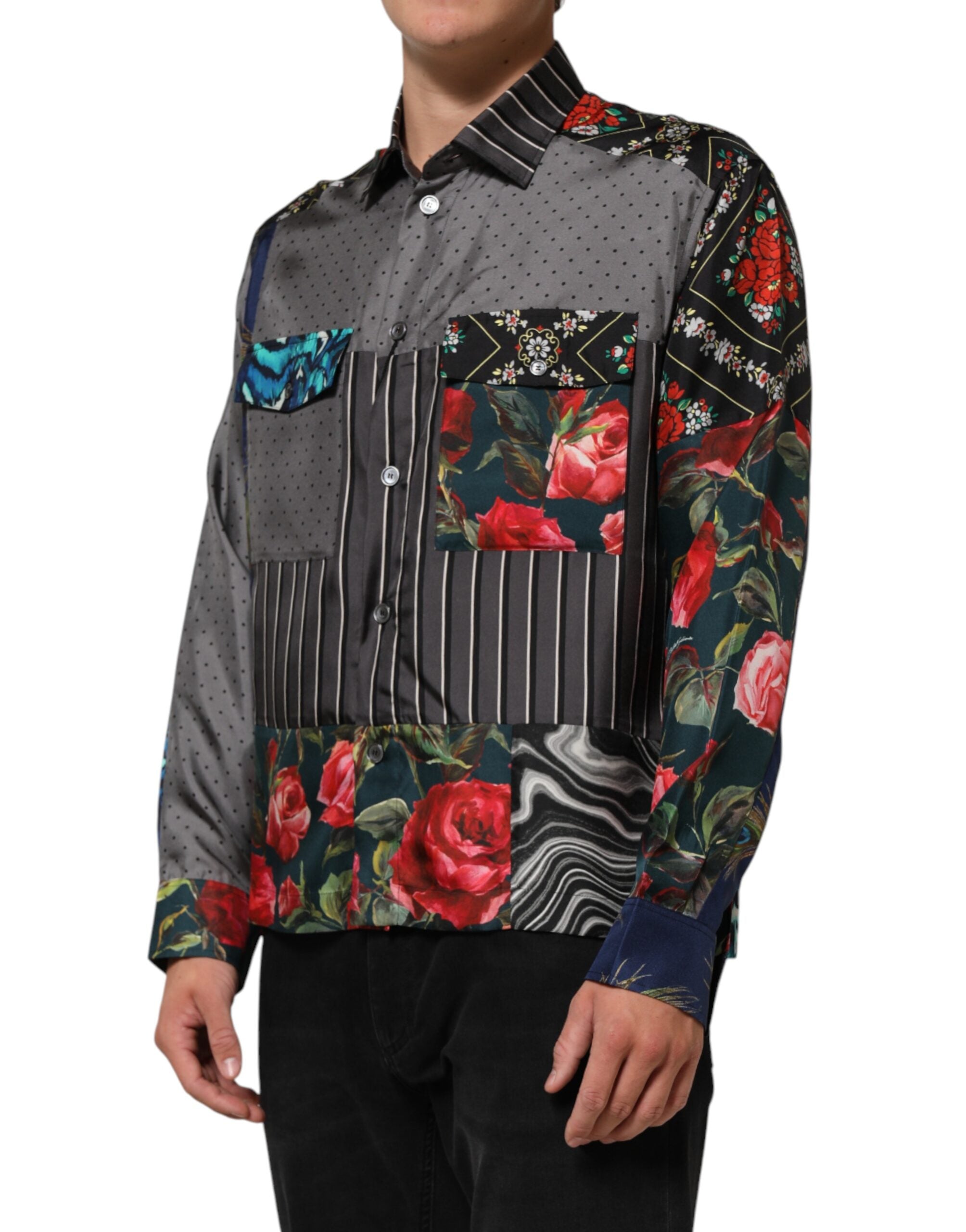 Dolce & Gabbana Multicolor Patchwork Silk Long-Sleeve Shirt