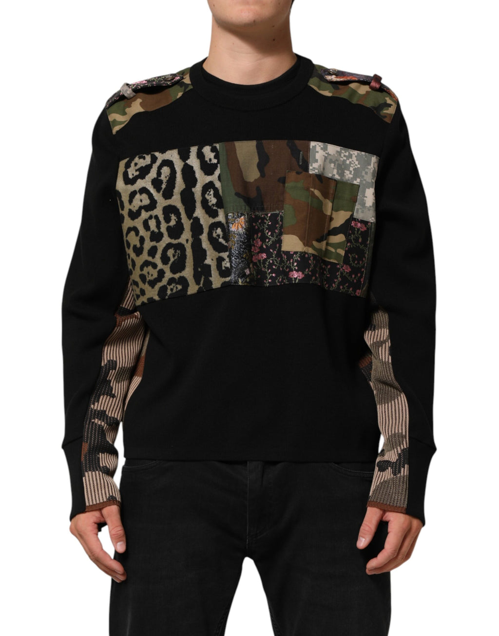 Dolce & Gabbana Schwarzer Patchwork-Pullover mit Rundhalsausschnitt