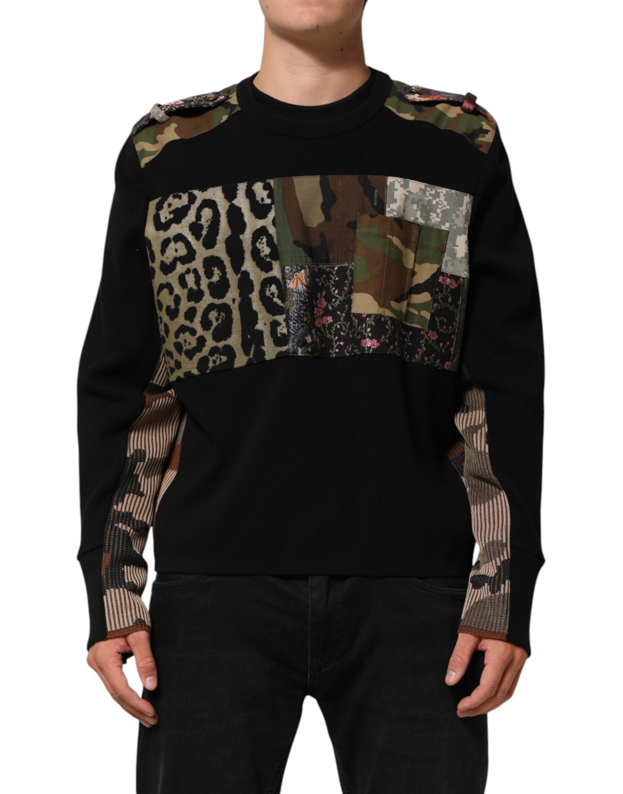 Dolce & Gabbana Schwarzer Patchwork-Pullover mit Rundhalsausschnitt
