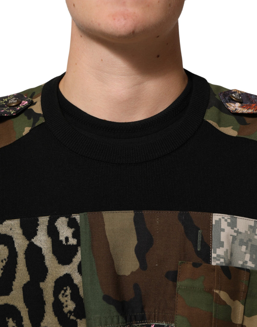 Dolce & Gabbana Schwarzer Patchwork-Pullover mit Rundhalsausschnitt