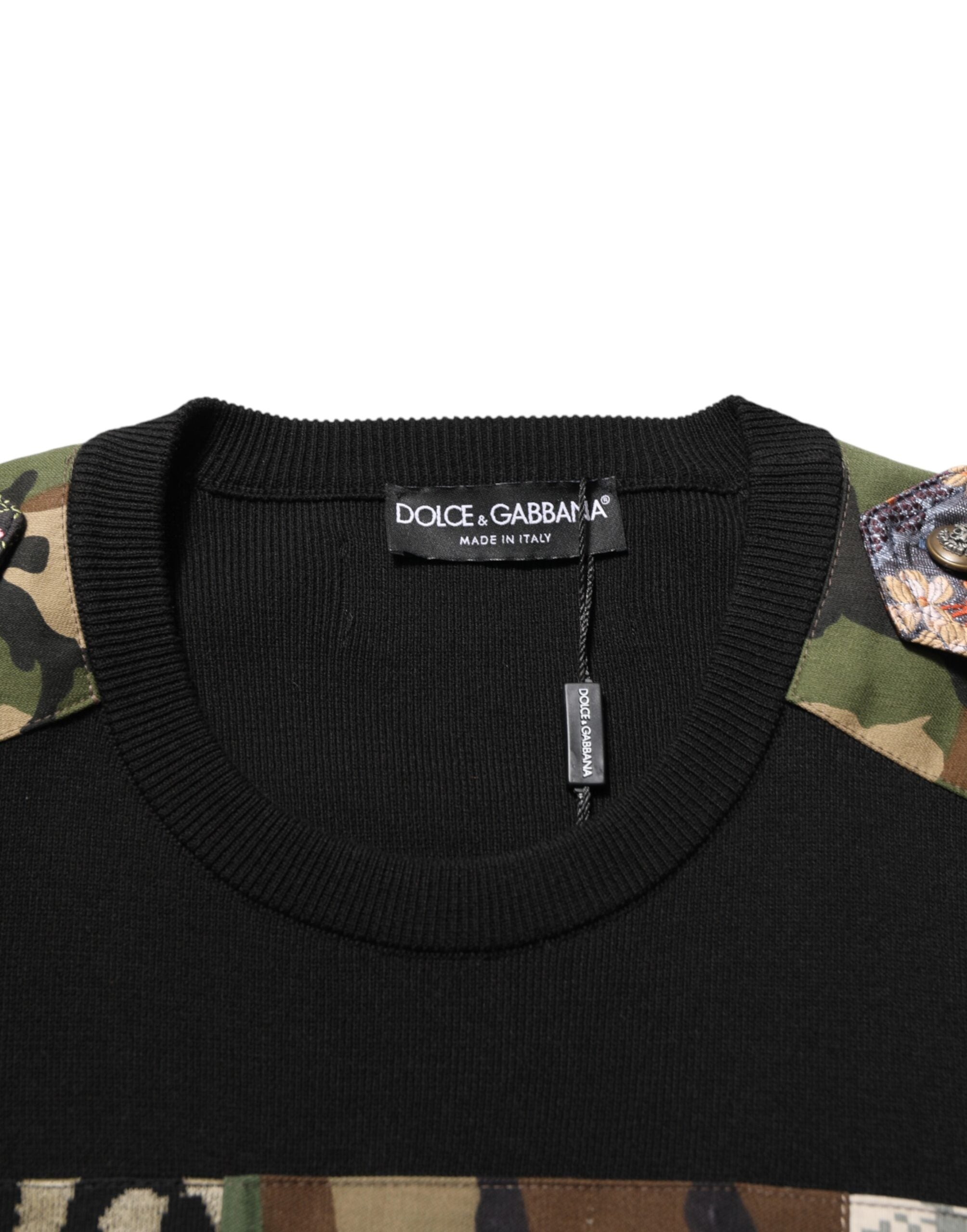 Dolce & Gabbana Schwarzer Patchwork-Pullover mit Rundhalsausschnitt
