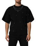 Dolce & Gabbana Black Polyester T-Shirt with Embellished Collar